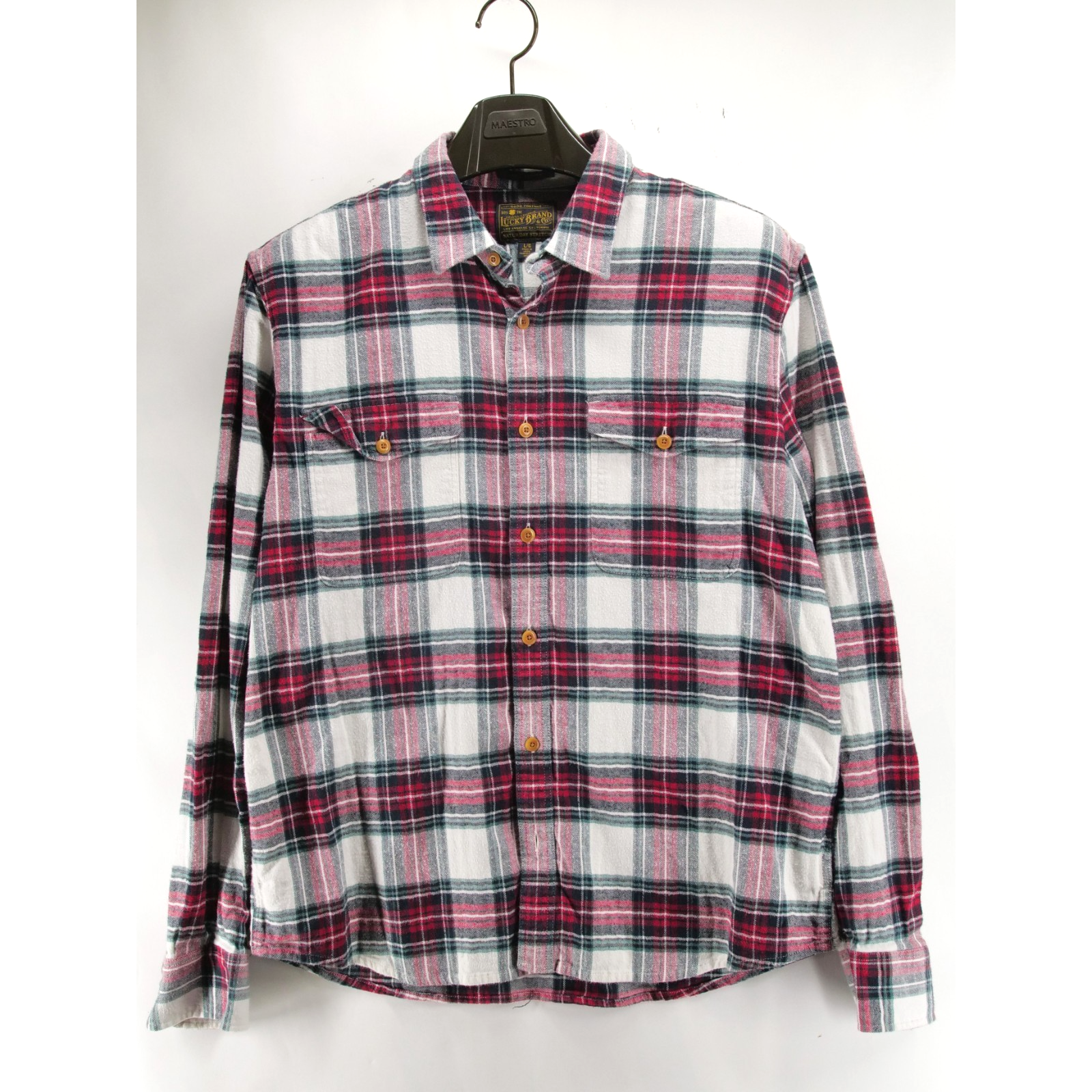 Lucky Brand Men Large Untucked Fit Saturday Stretch Gray Red Plaid Shirt Button